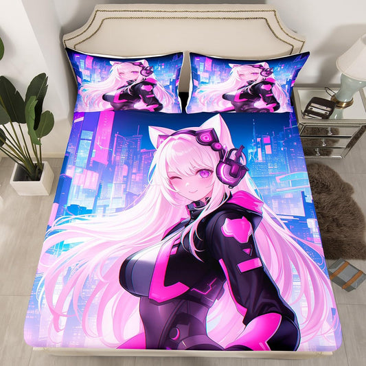Erosebridal Twin Anime Girl Bed Sheets 2 Piece, Kawaii Japanese Anime Bedding Set Cartoon Girl Fitted Sheet Sci Fi Style Japanese Animation Sheets for Kids Girls Teens Adult Room