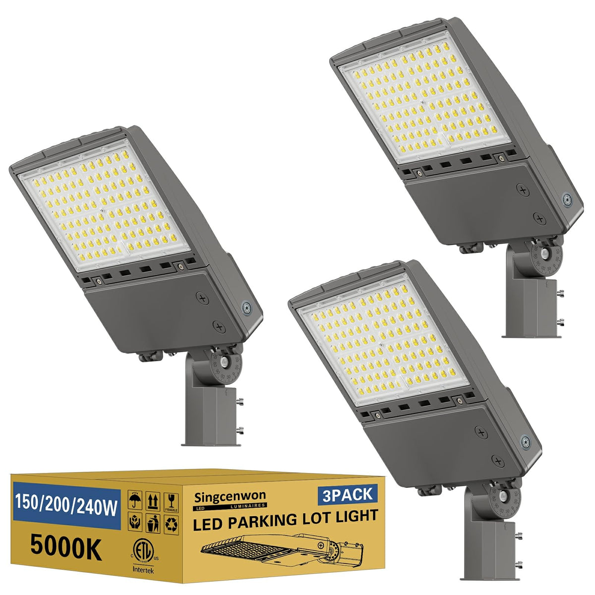 240W LED Parking Lot Light 3Pack: 150/200/240W Selectable, 38400LM 5000K LED Pole Light with Photocell, Slip Fitter Mount LED Shoebox Light for Yard Driveway Stadium Roadways, IP65 100-277VAC, ETL