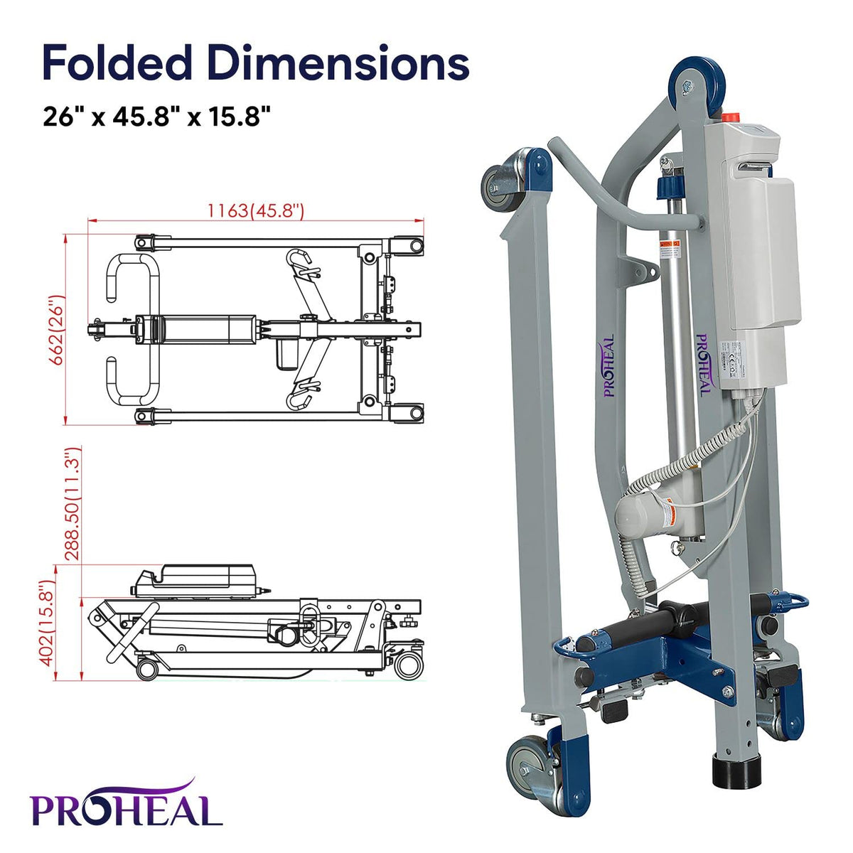 ProHeal Portable Patient Lift - Compact Folding Full Body Patient Transfer Lifter for Home Use and Facilities - Low Bed and Chair Lifting, 400 Pound Weight Capacity, 2 Point Spreader Bar