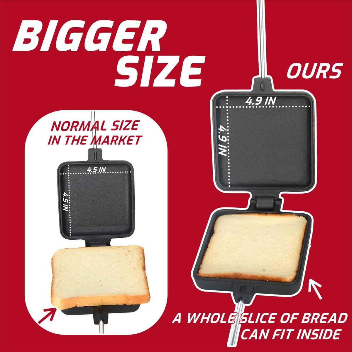 IPROUDER Campfire Pie Iron 4.9" Large Cast Iron Sandwich Maker for Camping 4 Pcs with Storage Bag - 22.6 inch Thickened Handles - Campfire Cooking Equipment for Grilling & Outdoor Cooking