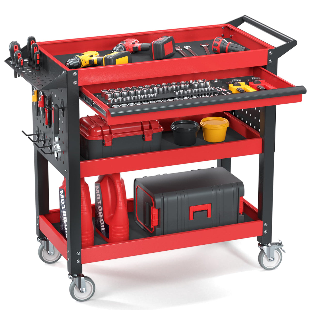 XCX 3 Tier Tool Cart on Wheels, Heavy Duty Metal Rolling with Drawers and Pegboards, 660 LBS Load Capacity Tool Storage Cart, Industrial Utility for Garage, Warehouse, Workshop