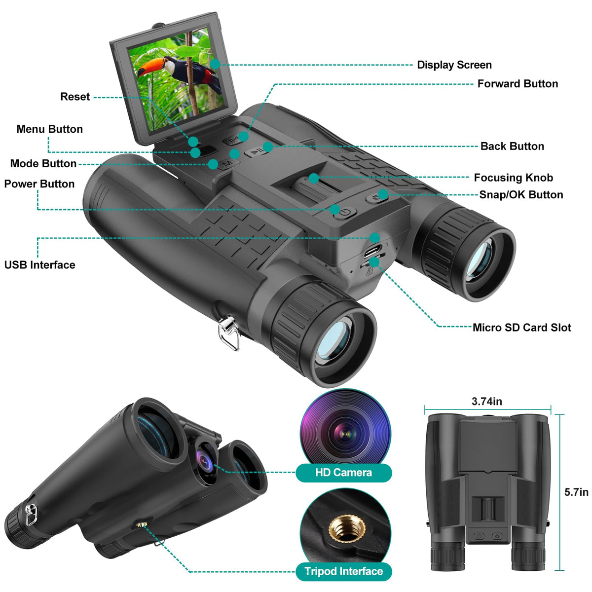 ZZSTAR Binoculars for Adults High Powered, 12x32 Binoculars with Camera, 2" LCD Display, 5MP 1080P Video Photo Recording, Large View for Bird Watching Hunting Travel with 32GB Card - Black