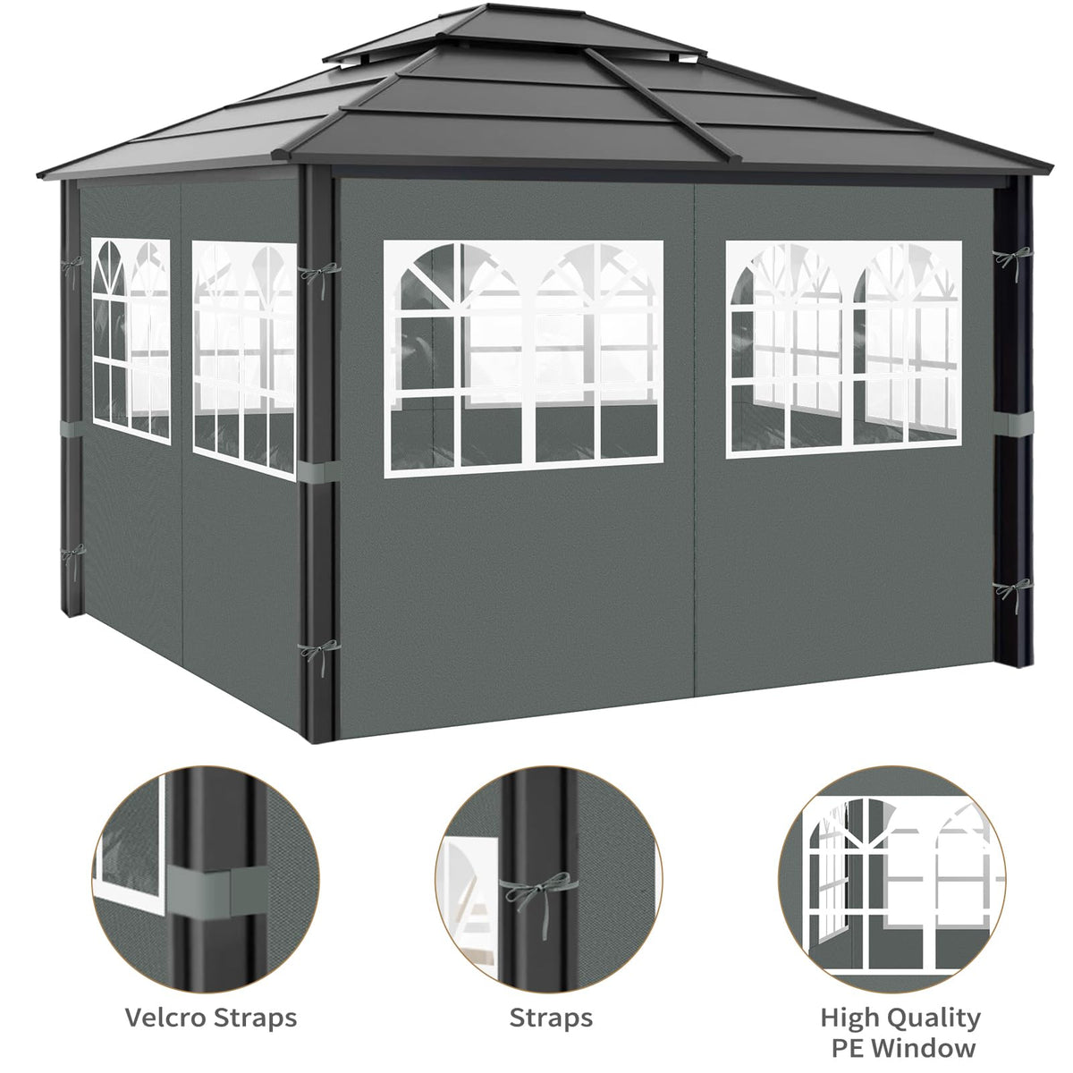Gazebo Privacy Curtains 10' x 10' with PVC Windows, 4-Panels Side Wall with Zipper Universal Replacement for Patio, Outdoor Canopy, Garden and Backyard, Gray
