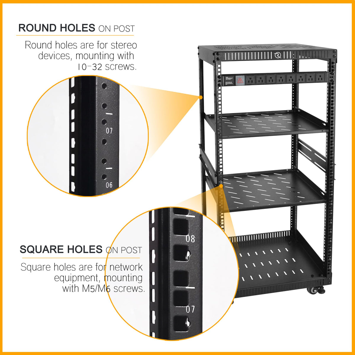 RIVECO 22U Network Rack with Top & Bottom Vented Plates 4 Rolling Wheels Floor Standing Rack for 19" Equipment & Stereo Gear Including 2PCS Rack Shelves & Rail Mount PDU &16" Depth Rack Shelves 2PCS