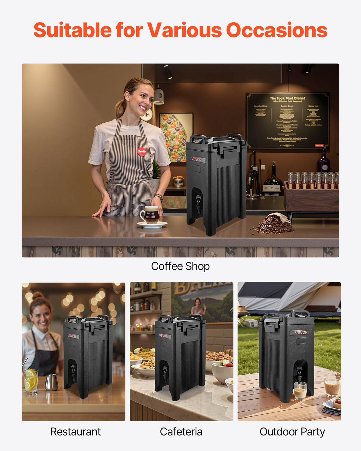 VEVOR Insulated Beverage Dispenser, 5 Gal/19L Hot and Cold Beverage Server with Spigot & Handle, Food-Grade Thermal Drink Dispenser Cooler for Tea Coffee Water in Cafes & Restaurants, 2 Pack, Black