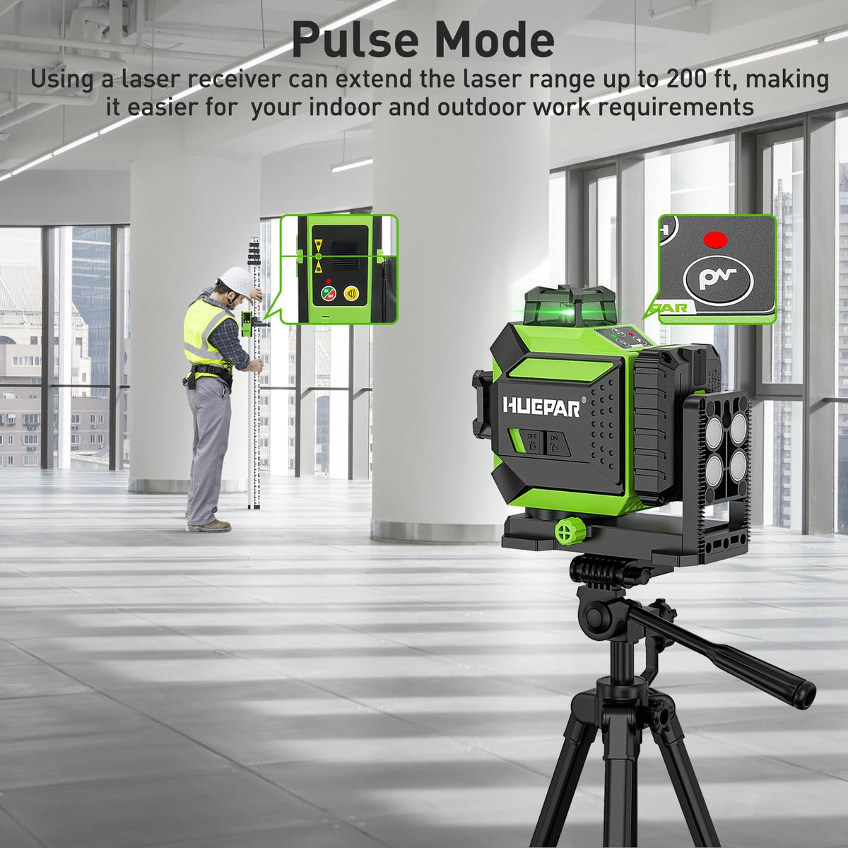 Huepar 360 Laser Level Self-Leveling Cross Line Laser Level 3D Green Beam 197Ft. Laser Tool 67.72" Lightweight Extendable Tripod, Li-ion Battery, Magnetic Base, Hard Carry Case-703CG&T16A