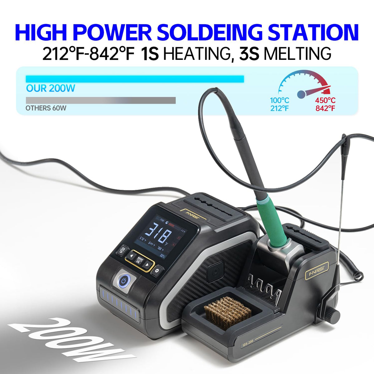 FNIRSI DWS-200 200W 245 Precision Digital Soldering Station Kit with 6 F245 Soldering Iron Tips and 2 Helping Hands, Temp Value & Curve Mode, 3 Temperature Storage, Full-Color Display