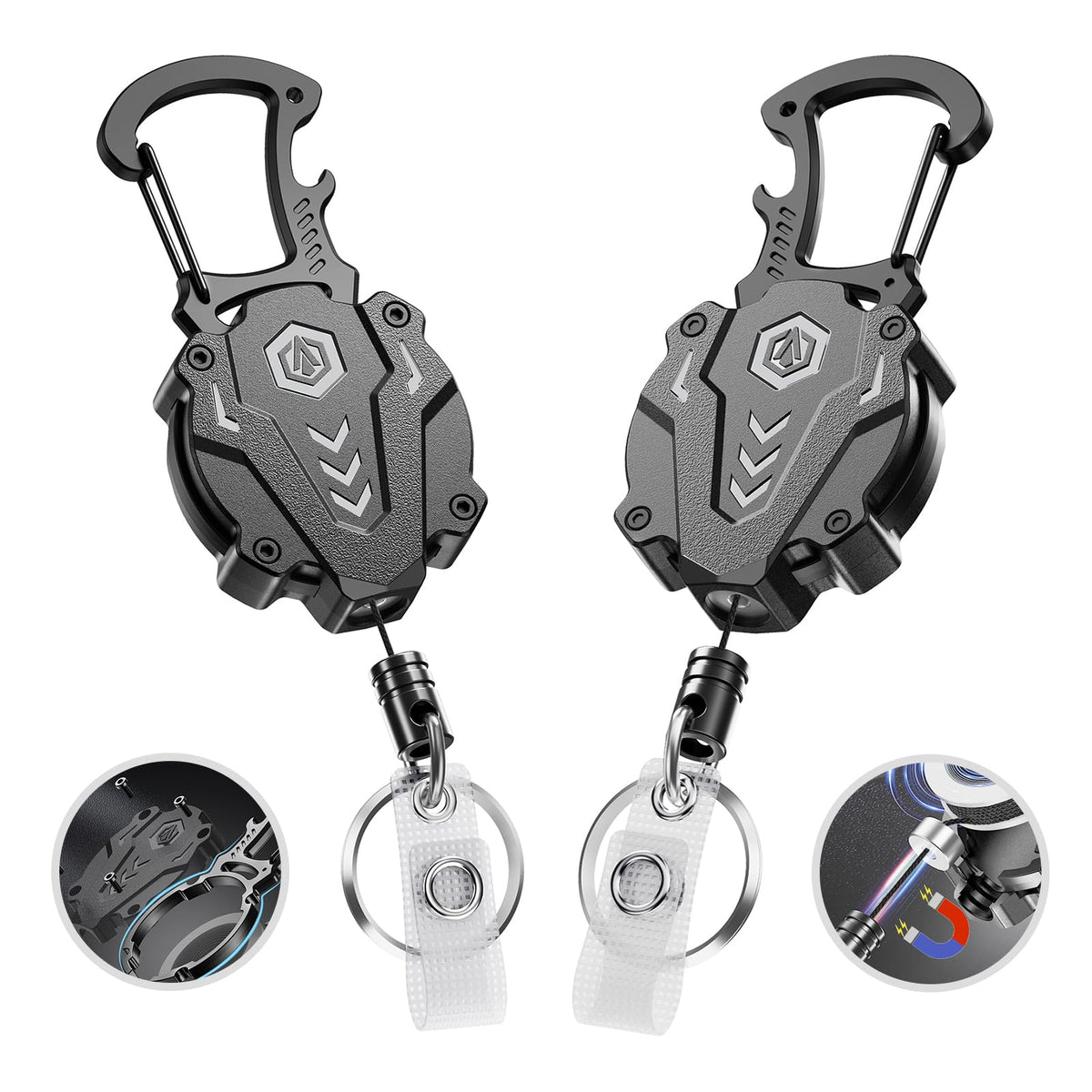 Autonomier 2Pack Heavy Duty Retractable Keychain, Tactical ID Badge Holder Reel Carabiner Clip with Magnetic Closure for Men, Unbreakable Sandwich Construction with 31" Dyneema Cord, Bearing 25oz