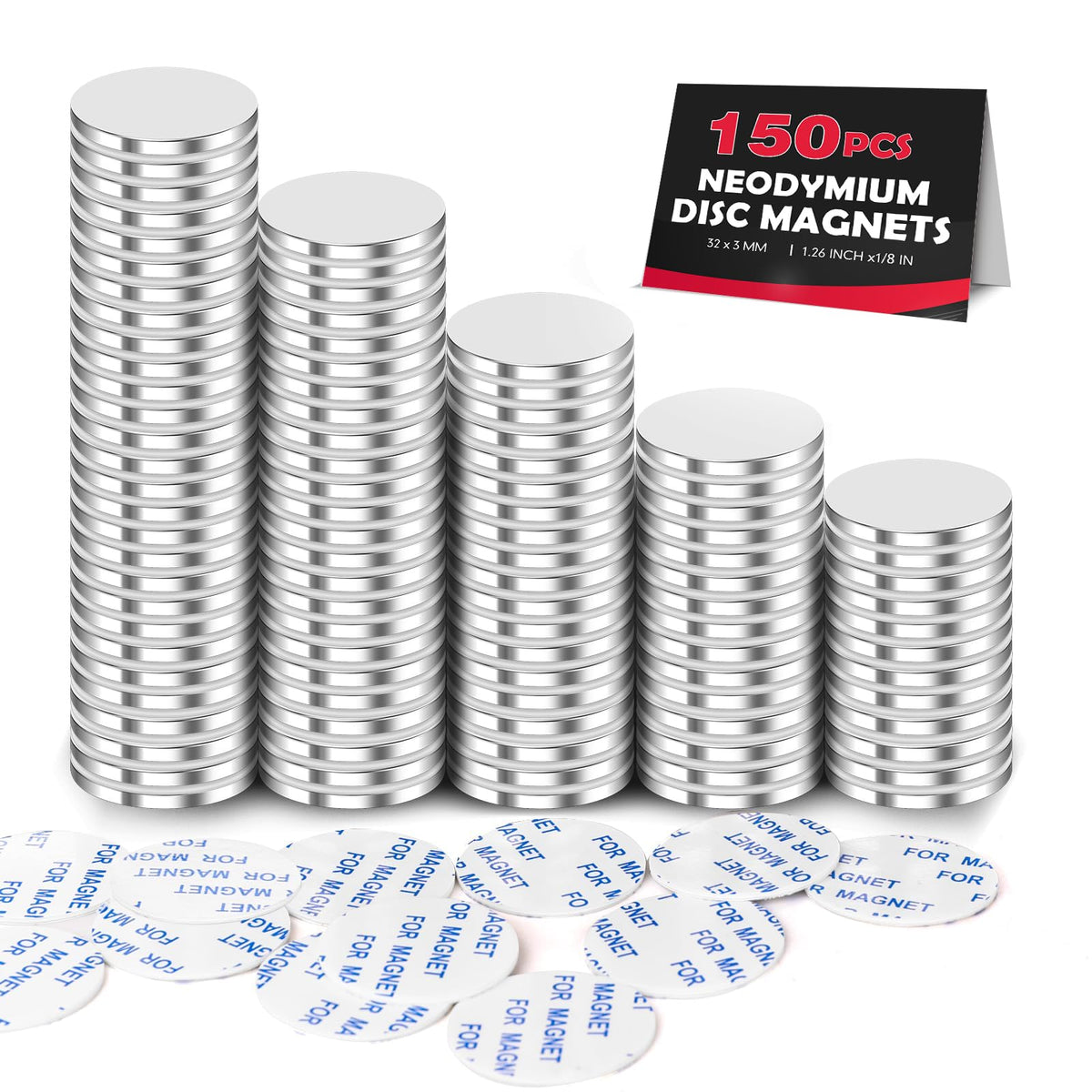 LOVIMAG Super Strong Neodymium Disc Magnets, Powerful Rare Earth Magnets with Double-Sided Adhesive for Fridge, DIY, Building, Scientific, Craft, and Office - 1.26 inch x 1/8 inch, Pack of 150