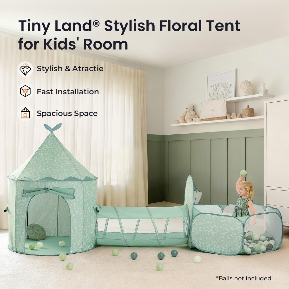 Tiny Land Teepee Tent for Kids – 100% Cotton Play Tent with Padded Mat & Star Lights, 3-in-1 Kids Play Tunnel with Ball Pit & Tent, Pop Up Crawl Tunnel for Toddlers