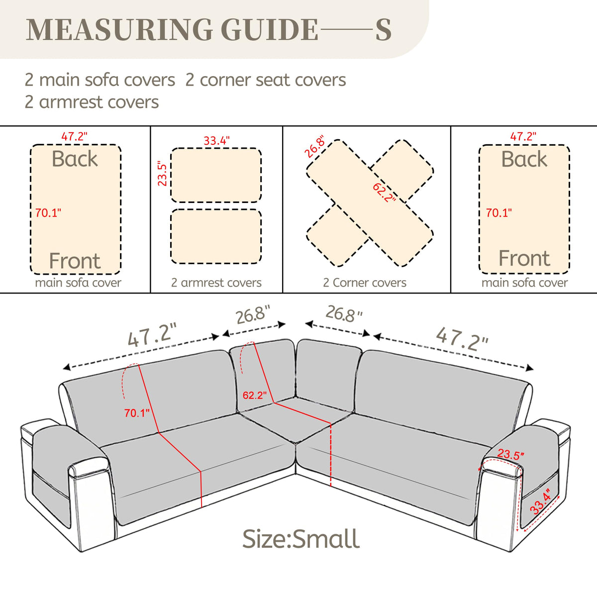 SYJOVIA Sectional Couch Covers for Dogs 100% Waterproof Corner L Shaped Sofa Cover Pet Friendly Velvet Washable Anti Slip L Shape Modular Sofa Slipcover Protector with Pockets (Light Gray, Small)