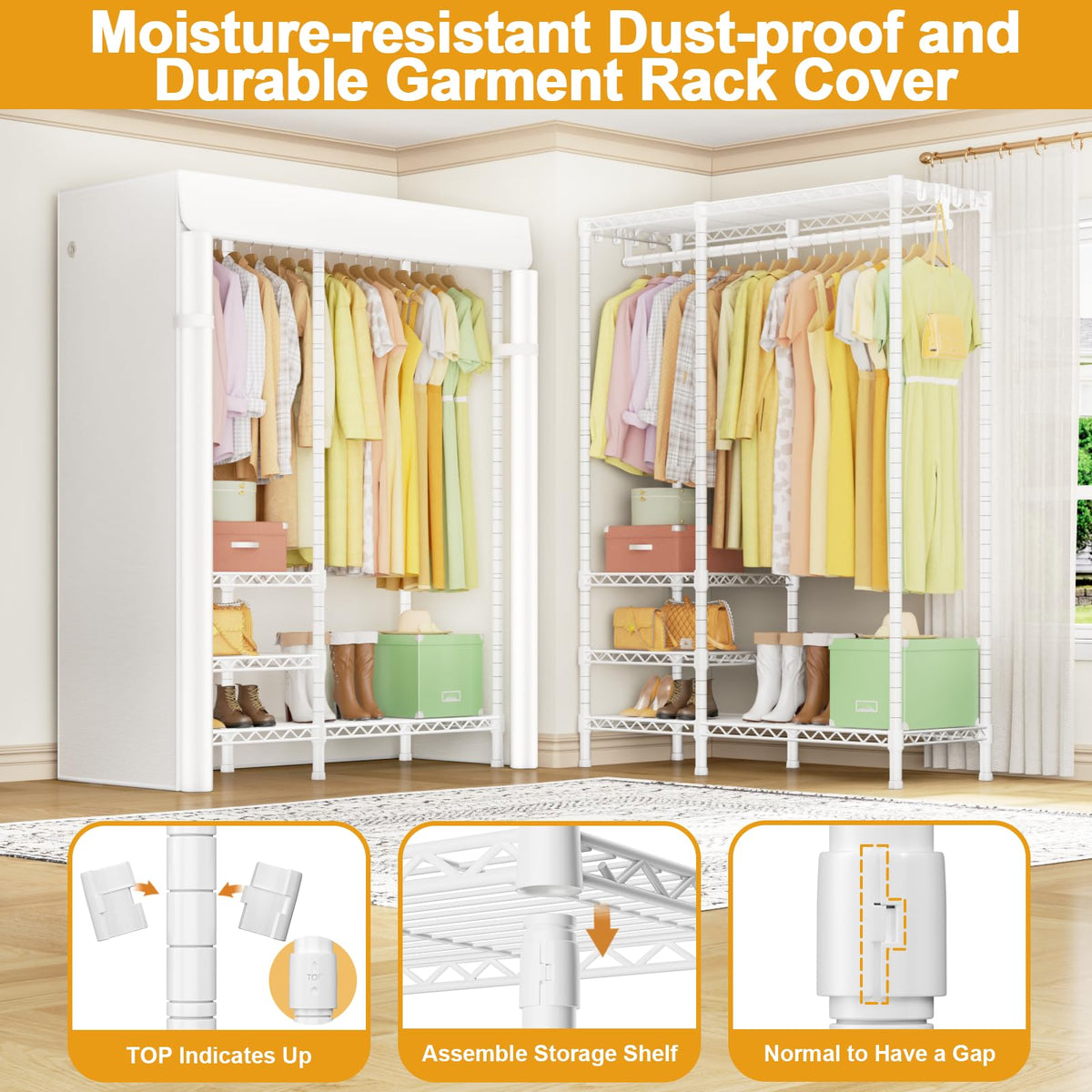 Ulif F4C Heavy Duty Clothes Rack with Dustproof Cover，Freestanding Clothing Racks for Hanging Clothes，Adjustable Closet Organizer System，Portable Garment Rack 45"W*15.8"D*71.3"H，Max Load 600LBS，White