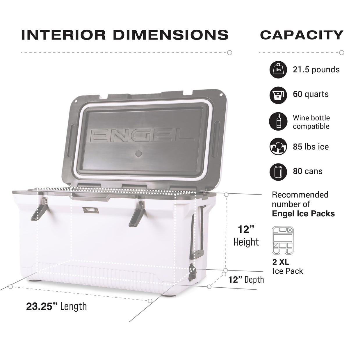 ENGEL 60 QT Ultra-Light Injection Molded Cooler - Ice Chest Keeps Ice up to 7 Days - Large Cooler Includes Wire Basket, Divider and Built-in Bottle Opener - White with Dark Grey Interior (White)