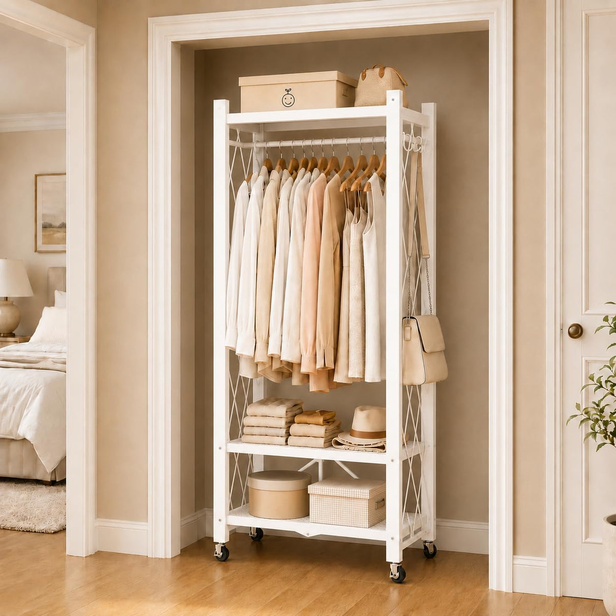 Sharkwave Living Foldable Clothing Rack with Wheels, Portable Folding Clothes Rack Organizer with Shelves and Side Hooks, Collapsible Wardrobe Closet for Bedroom or Laundry Room，White