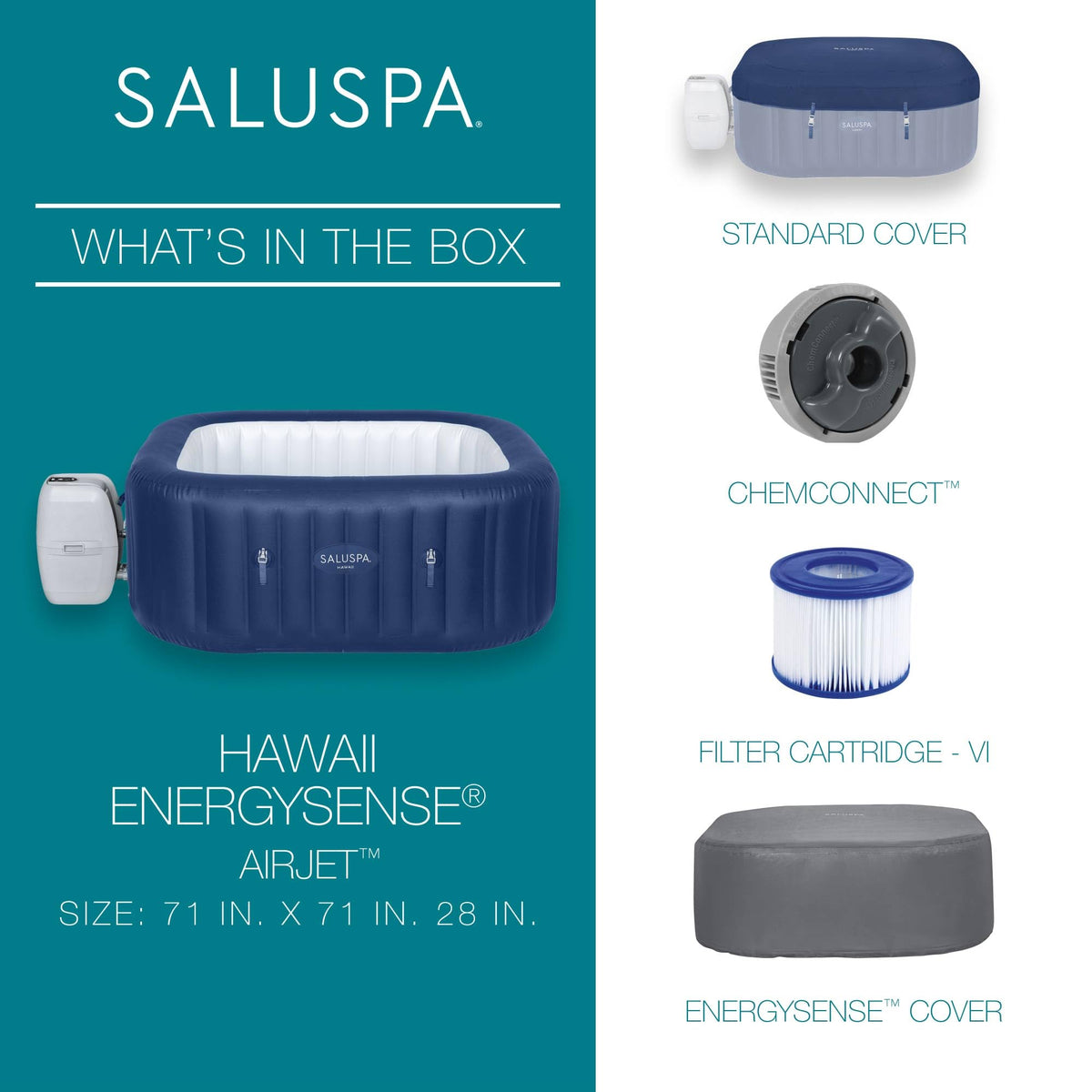 Bestway SaluSpa Hawaii AirJet 4 to 6 Person Inflatable Hot Tub Square Portable Outdoor Spa with 140 AirJets and EnergySense Energy Saving Cover, Blue