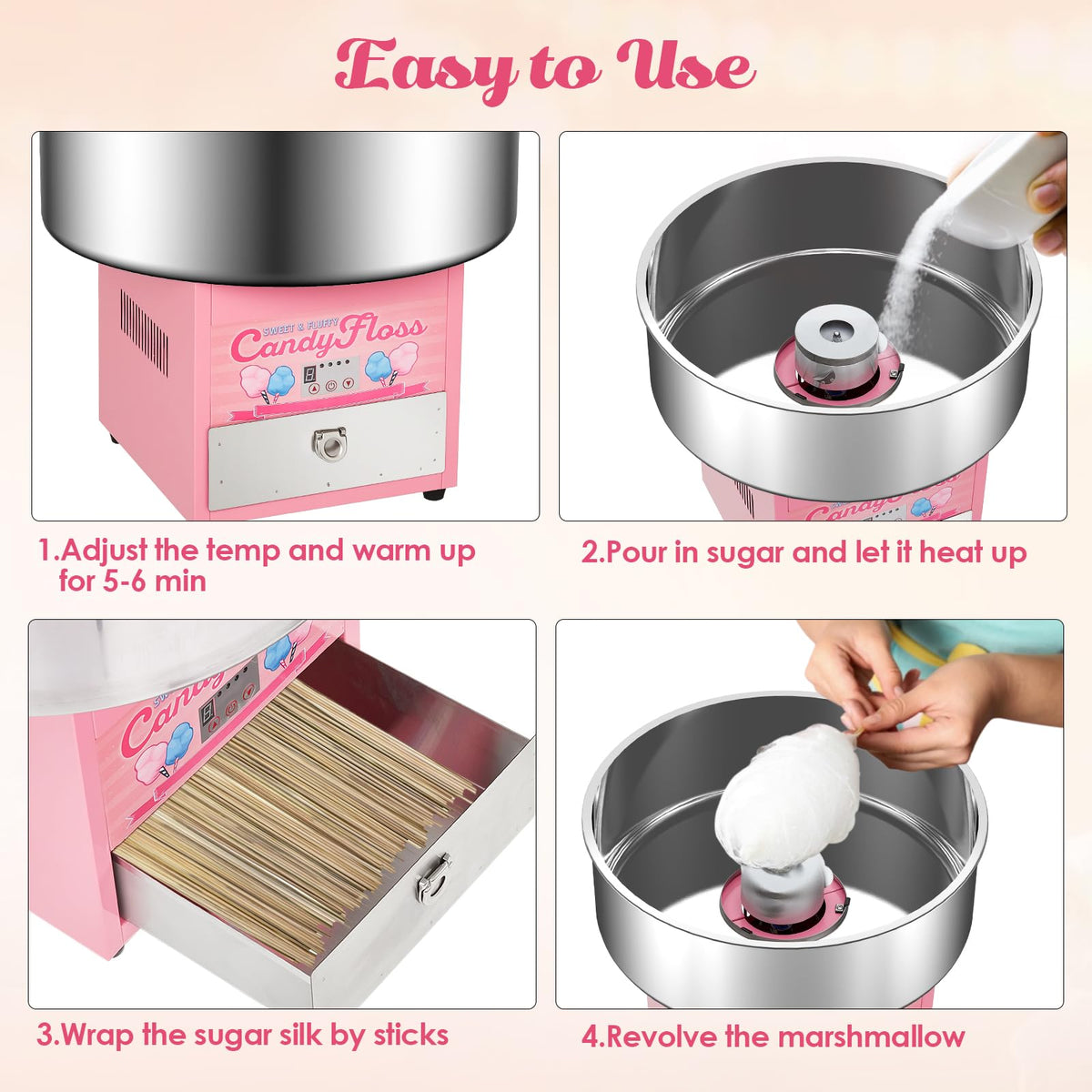 Garvee Electric Cotton Candy Maker Commercial, Cotton Candy Machine for Kids with 20 in Stainless Steel Bowl for Family, Party, Amusement Park, Carnival- Pink