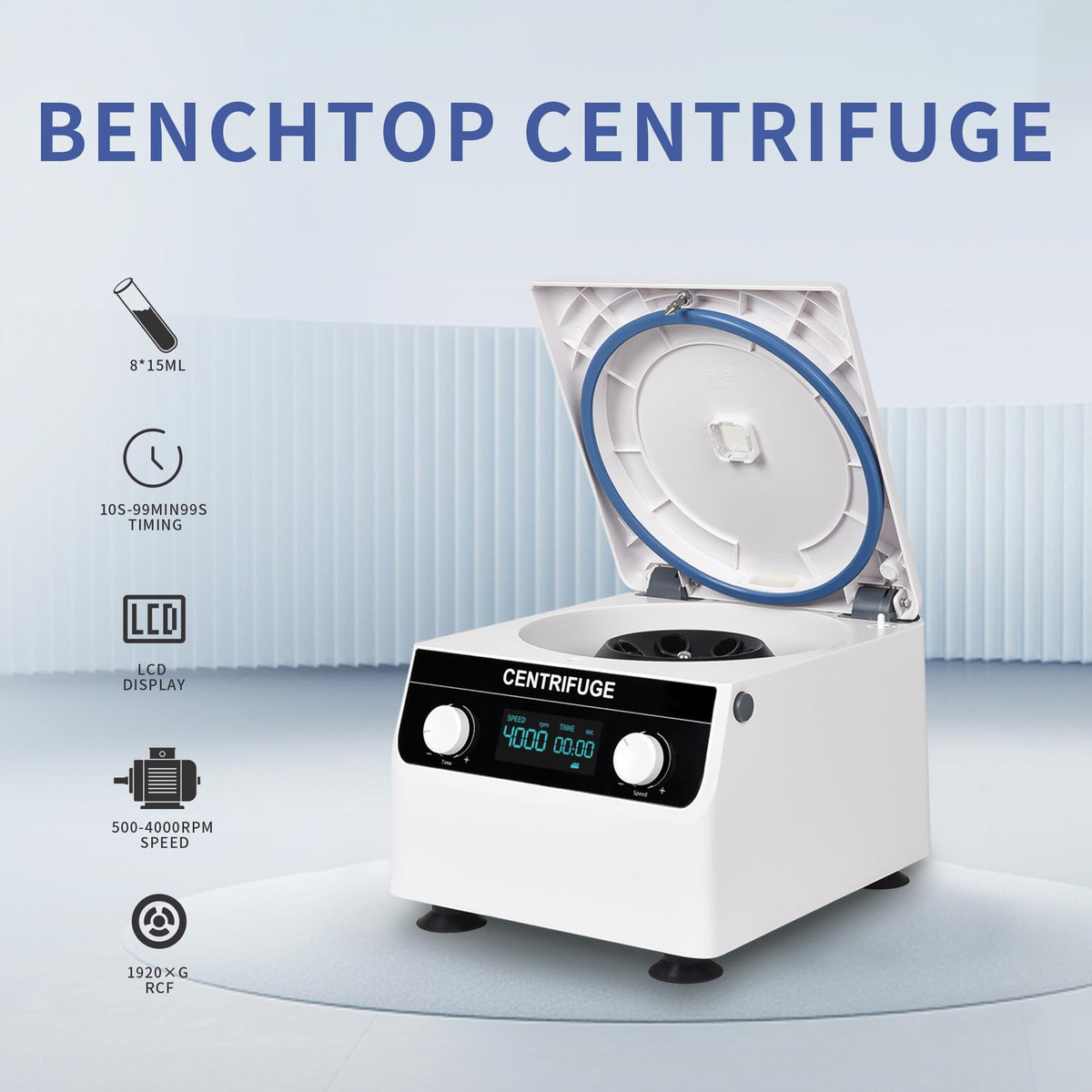 LACHOI Centrifuge Machine 8x10ml/15ml Lab Benchtop Centrifuge 500-4000RPM 1920×g RCF Timing 10s-99min99s LCD Digital Desktop Centrifuge for Laboratory/University/Industry/Environmental Protection