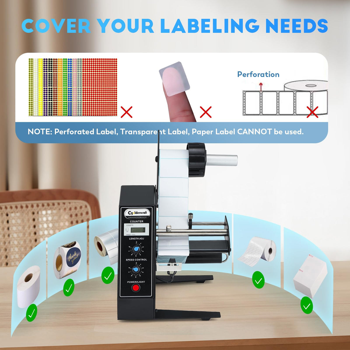 CGOLDENWALL Automatic Label Dispenser Sticker Roll Dispenser for Logistics Office Home, 1-8m/min Speed Adjustable, Length 0.12-5.9" Width 0.16-5.5", Auto Sensing&Counting, Max Roll Dia. 9.8"
