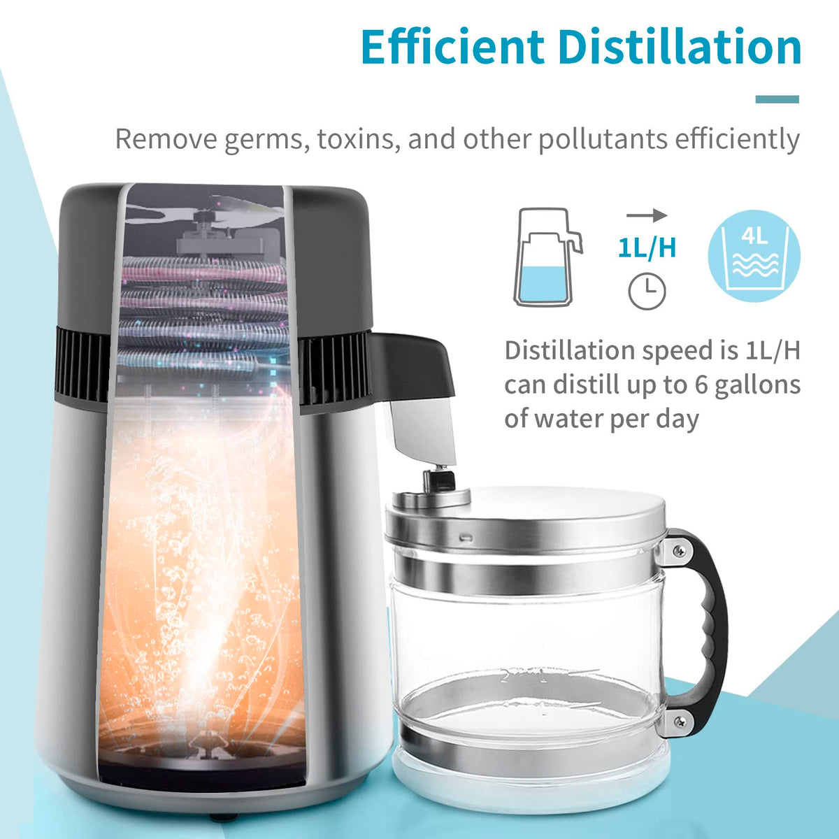 ROVSUN【Upgraded】 1.1 Gallon/4L Water Distiller Stainless Steel for Home, 750W Distilled Water Maker Machine, Water Distillers Countertop, Water Maker Purifier with Glass Container, 1L/H