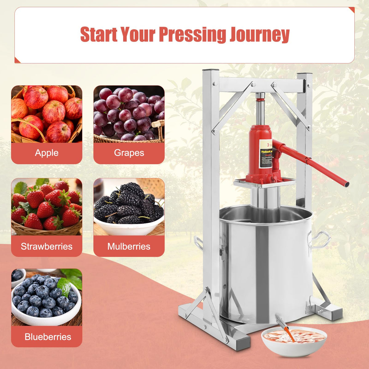 Fruit Press, 3.2 Gallon Food Grade Stainless Steel Cider Press with Hydraulic Jack Manual Grape Wine Making Supplies and Equipment Fruit Crusher for Home, Restaurants