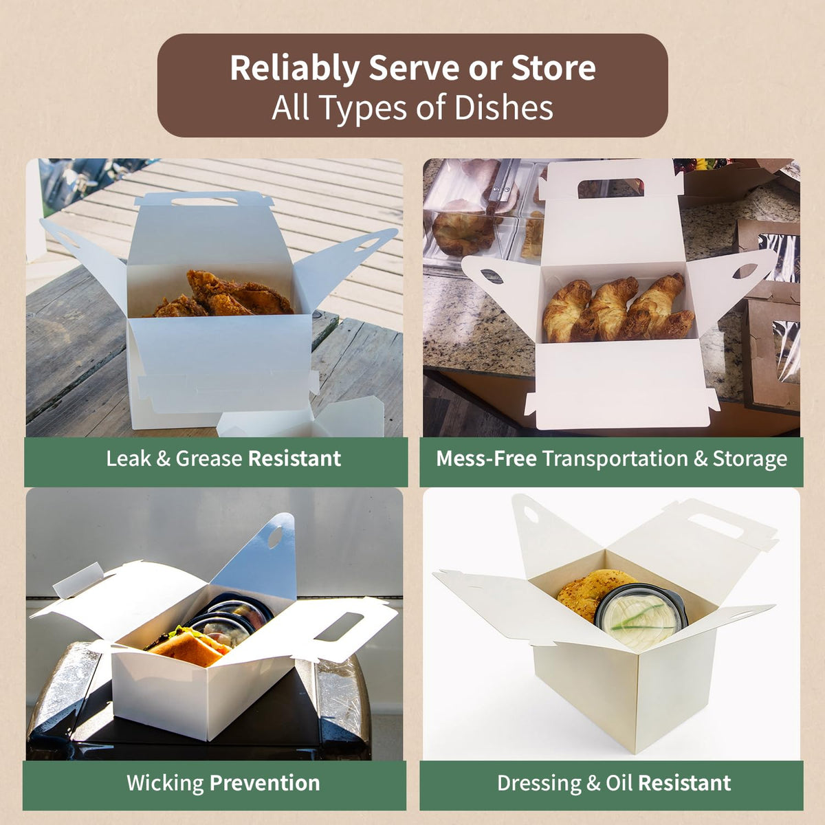 FC Meyer Packaging MeyerBarn White Glossy Chicken Gable Boxes with Handles, Durable Cardboard Food Take Out Cartons, Barn Style Box for Fried Chicken & Meals, 10lb, 8" L x 6" W x 5" H (Pack of 100)