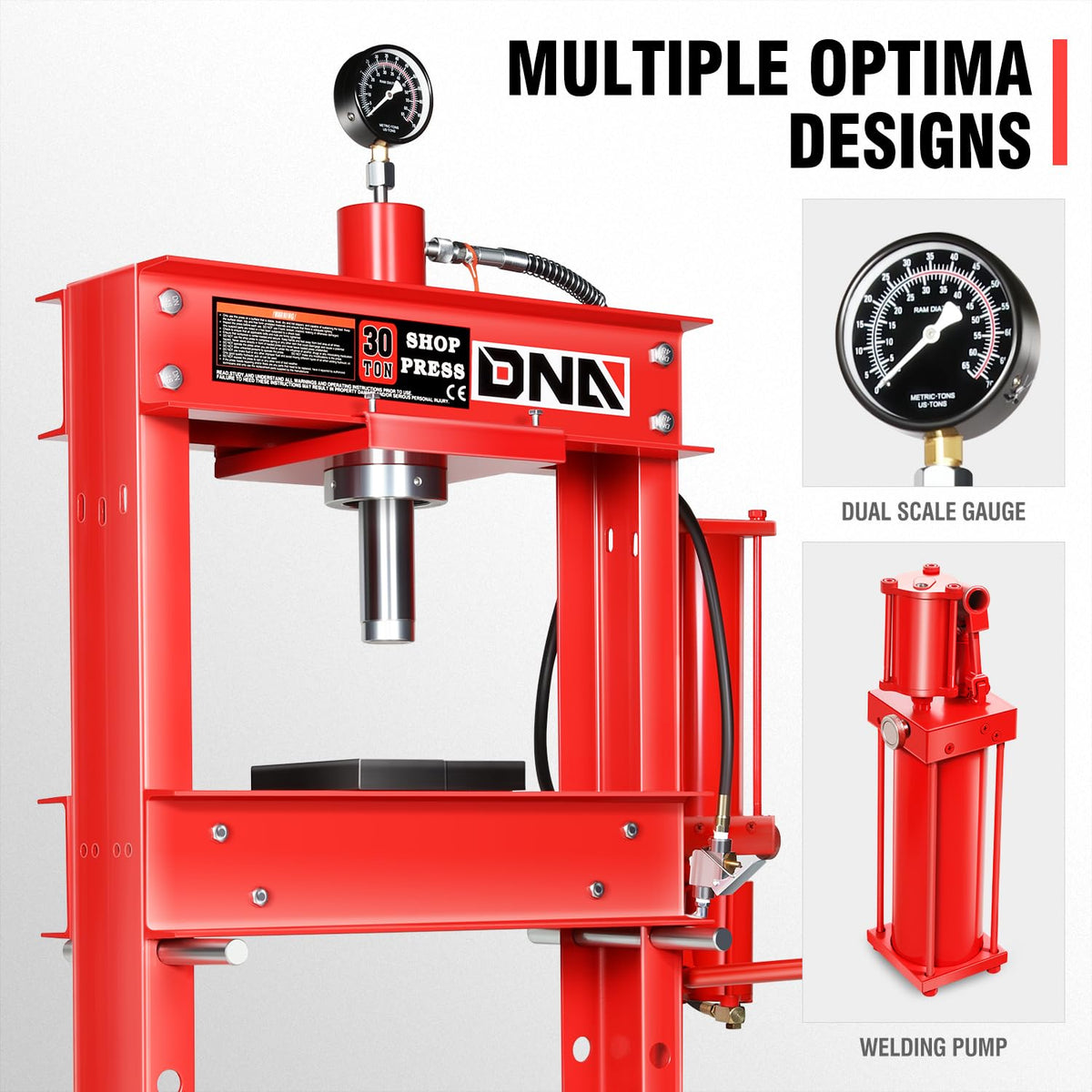 DNA Motoring 30 Ton Air Hydraulic Shop Press with Plates, H-Frame Garage Floor Press, 30T / 66139lbs, Adjustable Working Table Height, TOOLS-00292, Red