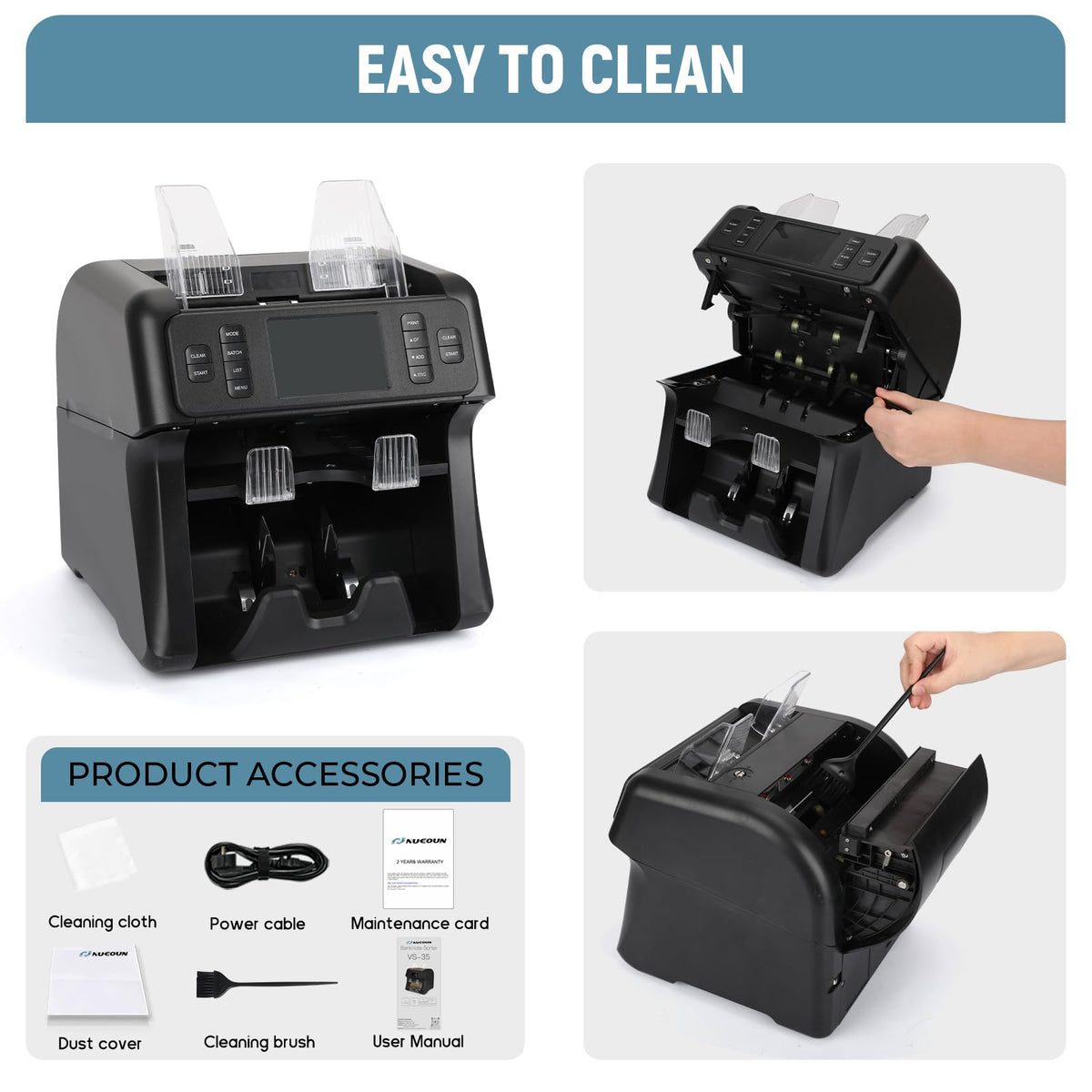 NUCOUN VS-35 Mixed Denomination Money Counter Machine,with Reject Pocket,Support USD/EUR/MXN/CAD Count,Bill Sorter,Counterfeit Detection CIS/UV/MG/IR,4'' Touch Screen,Sort&Print Enabled Cash Counter