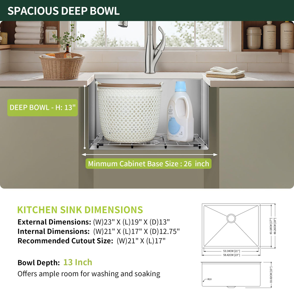 SINKVINE 23-inch Undermount Laundry Utility Sink - 23x19x13 Extra Deep Stainless Steel Single Bowl Basin with Drain Strainer, Bottom Grid & Drying Unit for Laundry Room, Outdoor, Garage, Kitchen Use