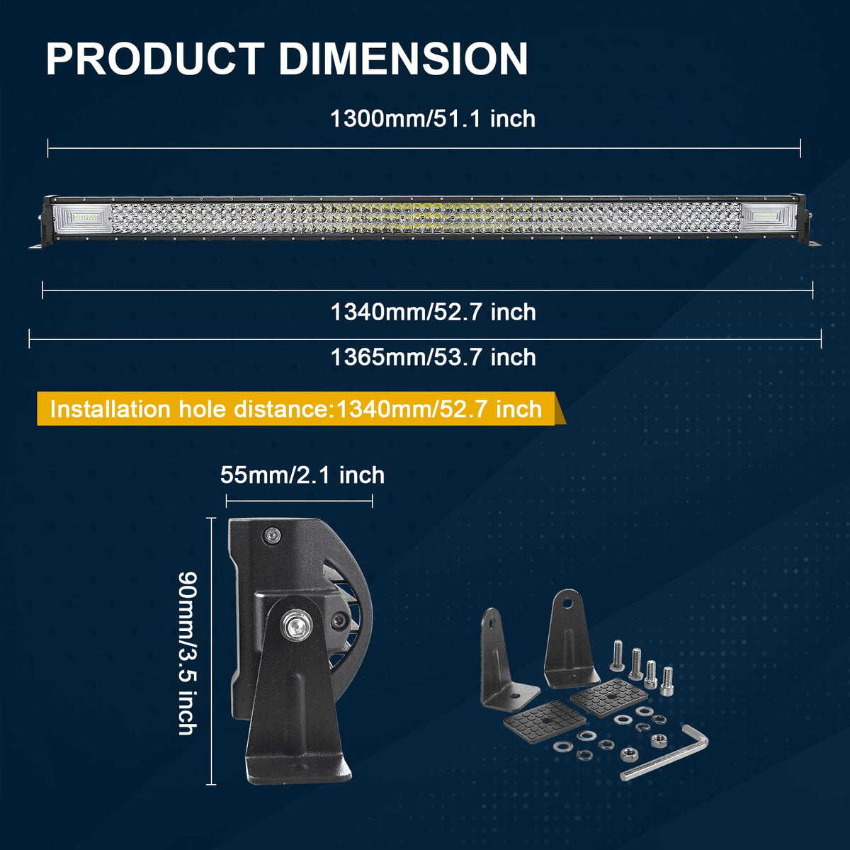SKYWORLD 52" 675W Straight Triple Row Off Road LED Light Bar, 12V/24V Flood/Spot Combo Beam with 2 Magnetic Mounts & Wiring Harness Kit - for Trucks, SUVs, UTV, ATV, Tractors, Trailers, 6000K White