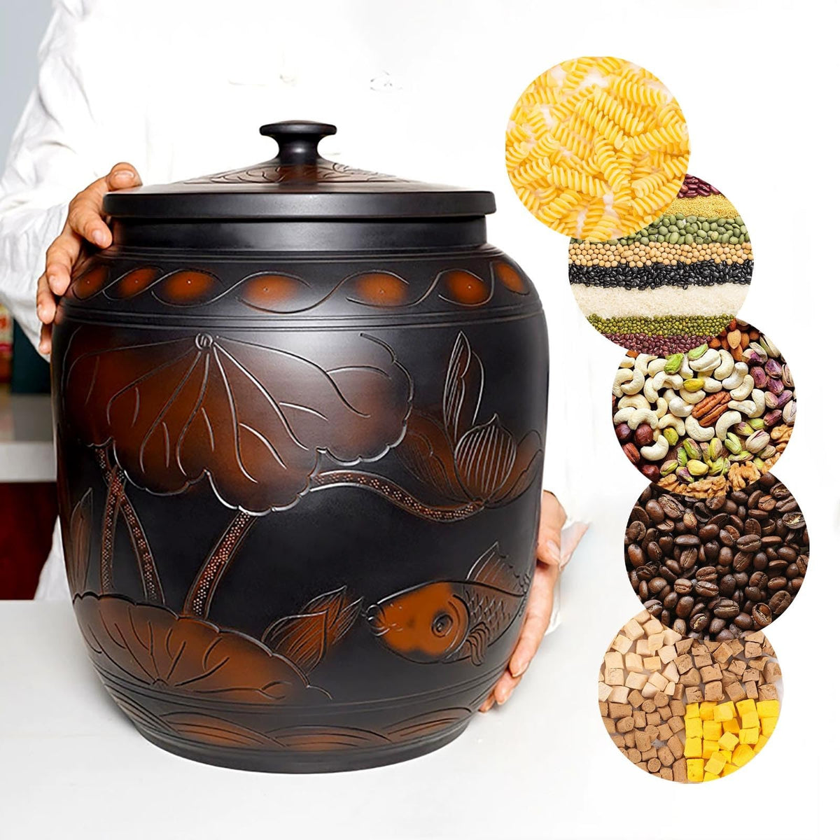 Food Storage Jar Ceramic Rice Jar with Lid 22lb 33lb 55lb Ceramic Rice Container Food Airtight Storage Jars Kitchen Sealed Jar Grain Rice Dispenser for Baking Supplies Cereal Flour Sugar(33lb)