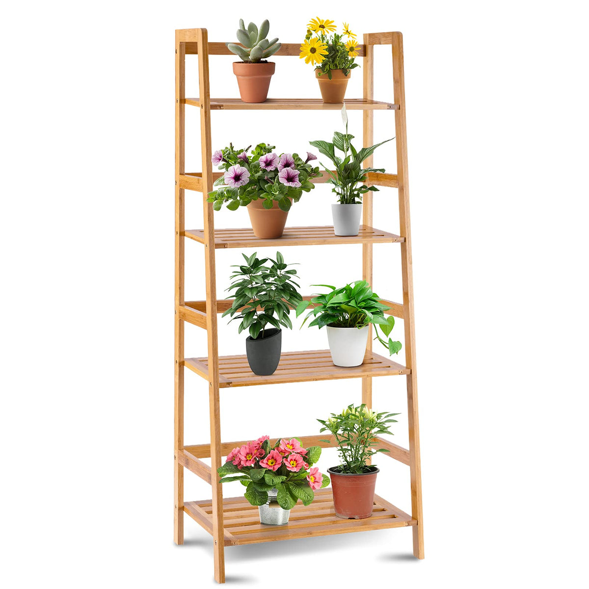 Giantex 4-Tier Bamboo Plant Stand Flower Pots Holder Display Shelf, 47.5inch Ladder Shelf Plants Organizer Rack for Patio Balcony Garden Home, Bookcase Planter Storage Shelving Unit Indoor Outdoor