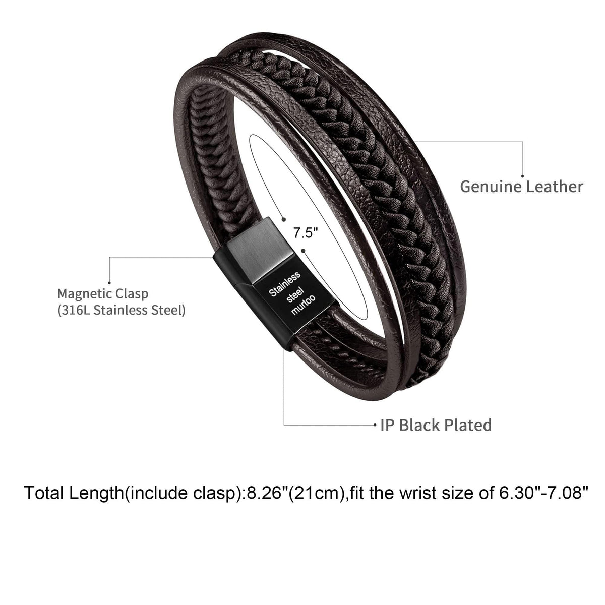 murtoo Mens Leather Bracelet Cowhide Multi-Layer Braided Leather Mens Bracelet (Brown, 7.5")