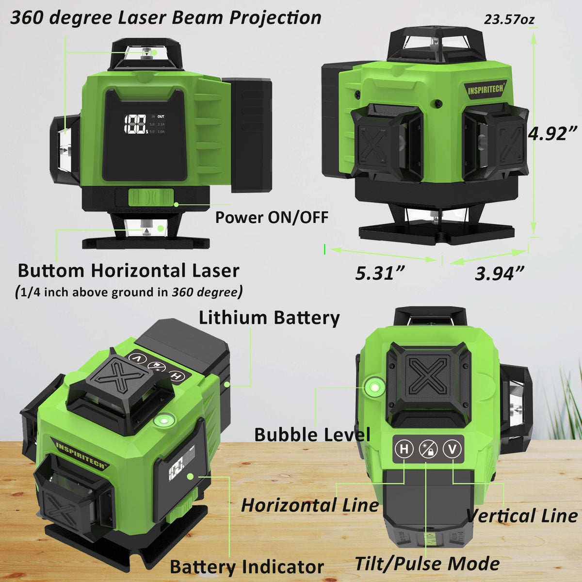 INSPIRITECH Laser Level 360 Self Leveling for Tiling Floor Wall Ceiling Construction, 4x360 Horizontal Vertical Cross Line Multi Surface Lazer Alignment, 4D Green Beam Laser Level for Picture Hanging