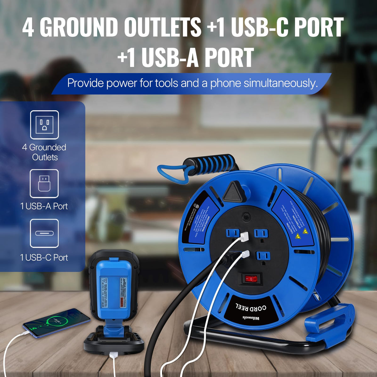 WILAWELS Extension Cord Storage Reel with 4-Grounded Outlets and 80 FT Retractable Extension Cord Reel Bundle, for Indoor Outdoor Use J95CR06-U80ACR06