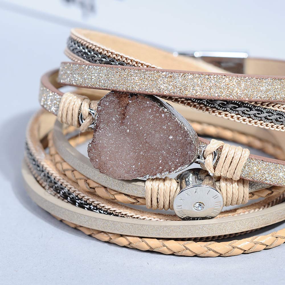 Artilady Leather Wrap Bracelet for Women - Handmade Clasp Bangle Bracelet with Pearl Beads Crystal Wristbands Jewelry Gift for Ladies and Mother