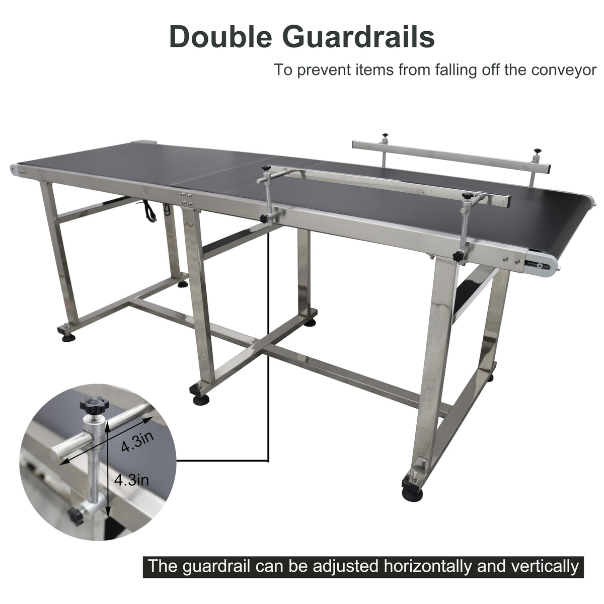 BREVELTION PVC Flat Belt Conveyor Stainless Steel Industrial Transport Conveyor Adjustable Speed Conveyor with Double Guardrails Conveyor Length 82.7inch Width 23.6inch Load 88LBS 250W