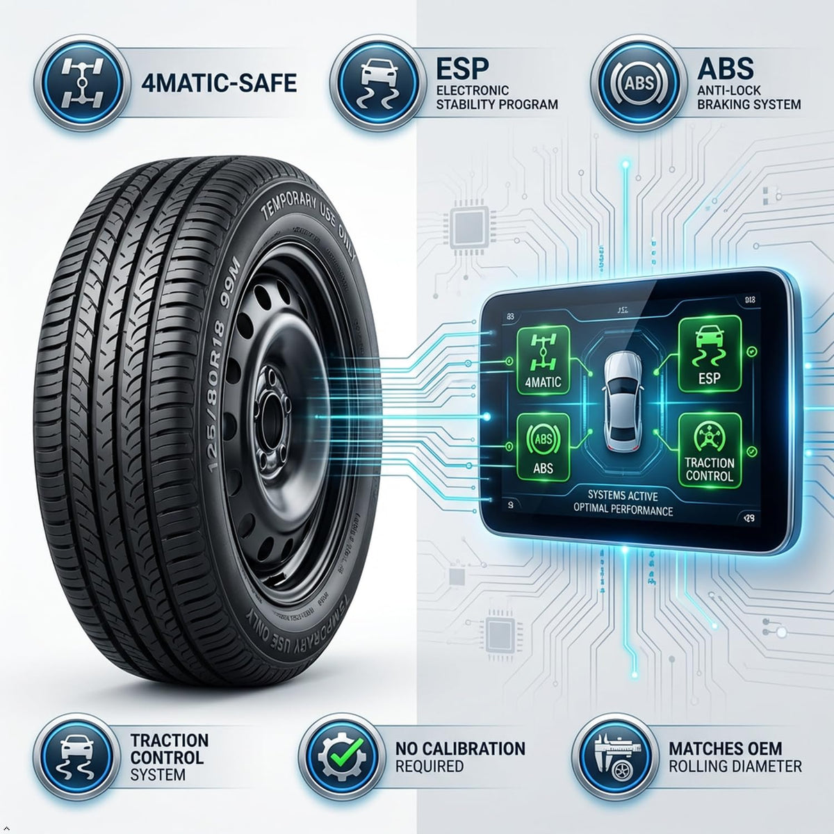 Spare Tire Kit Compatible with 2015-2026 Mercedes C‑Class & CLA‑Class (Except C63 S) | 125/80R18 Compact Spare Wheel with 18x4.5 Rim | Complete Roadside Kit Includes Jack, Lug Wrench & Storage Bag