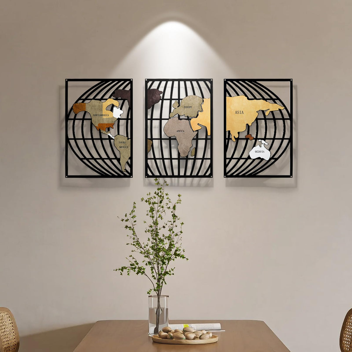 FIXNEO Metal Wall Art 3 Piece World Map Wall Art for Living Room Modern Globe Pictures Design Decor for Living Room Home Bathroom Office (World Map, 31.8"*15.74")