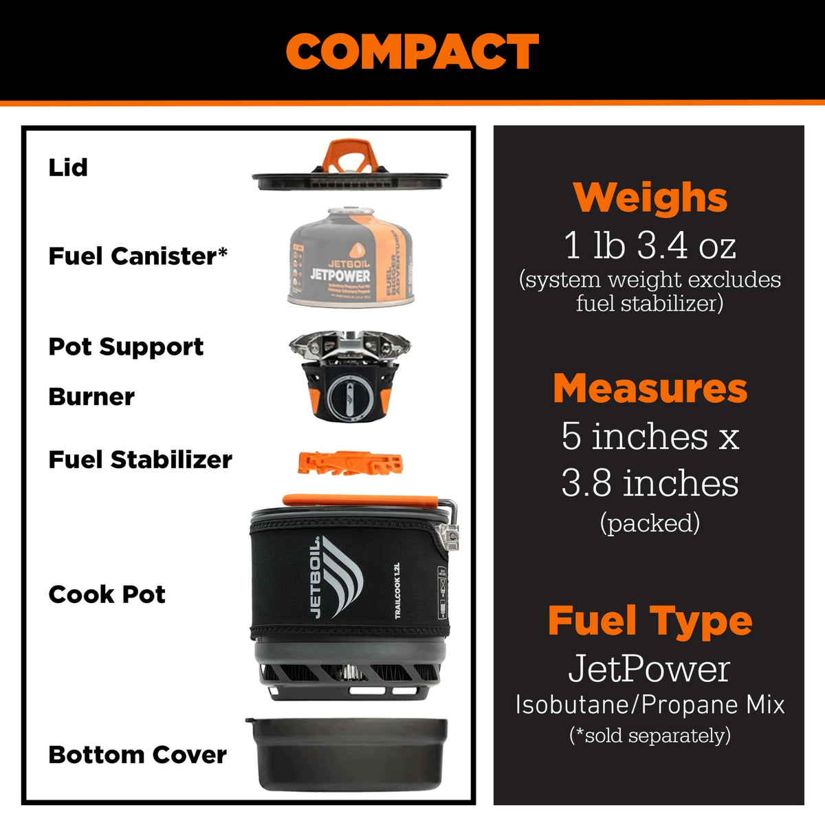 Jetboil TrailCook 1.2L Camping and Backpacking Stove Cooking System with Adjustable Heat Control, New for 2026, Carbon