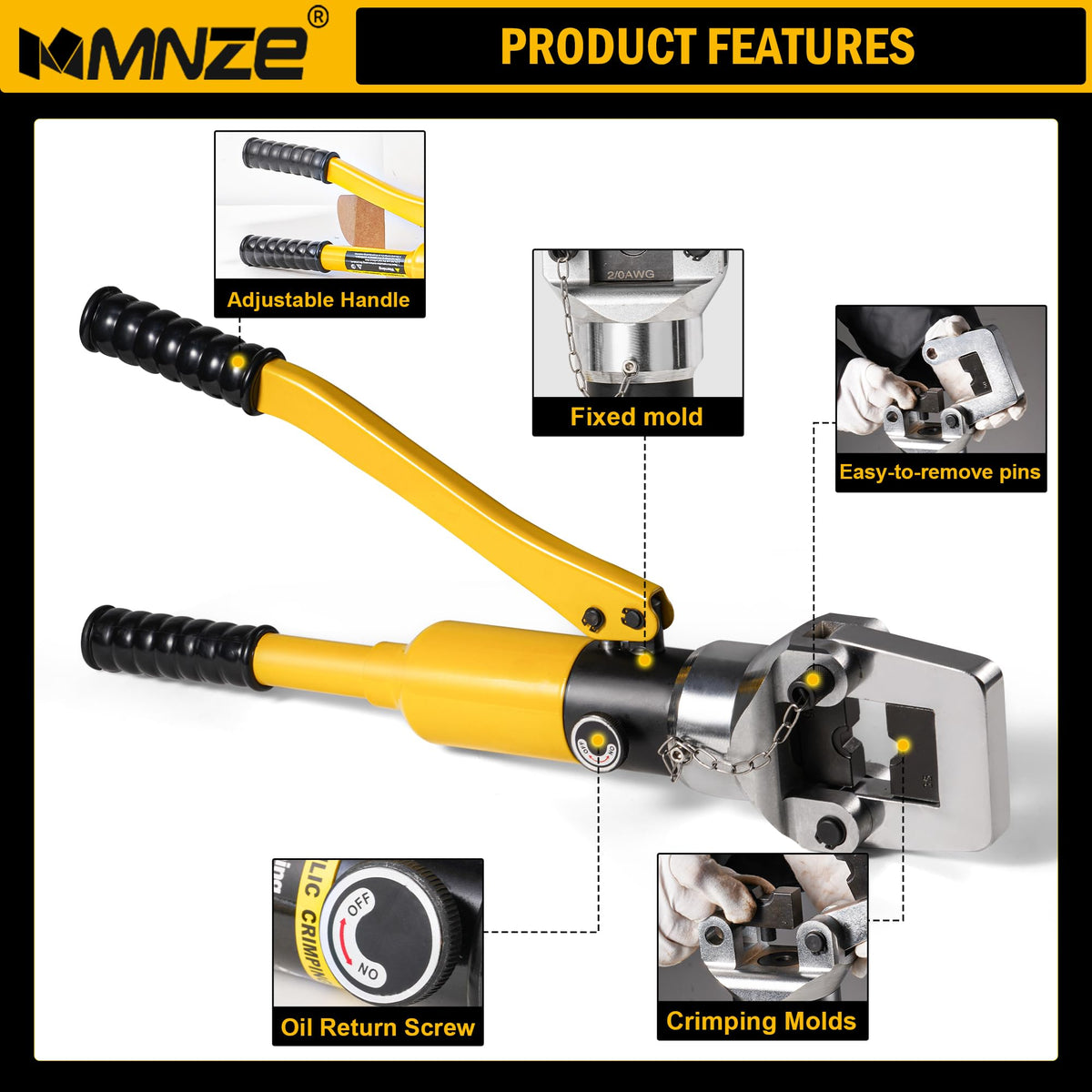 MMNZE 16 Ton Hydraulic Cable Lug Crimper Pliers 6 AWG to 800 MCM Hand Operated Hydraulic Crimping Tool Kit Wire Terminal Lug Battery Crimping Crimper with 12 Dies