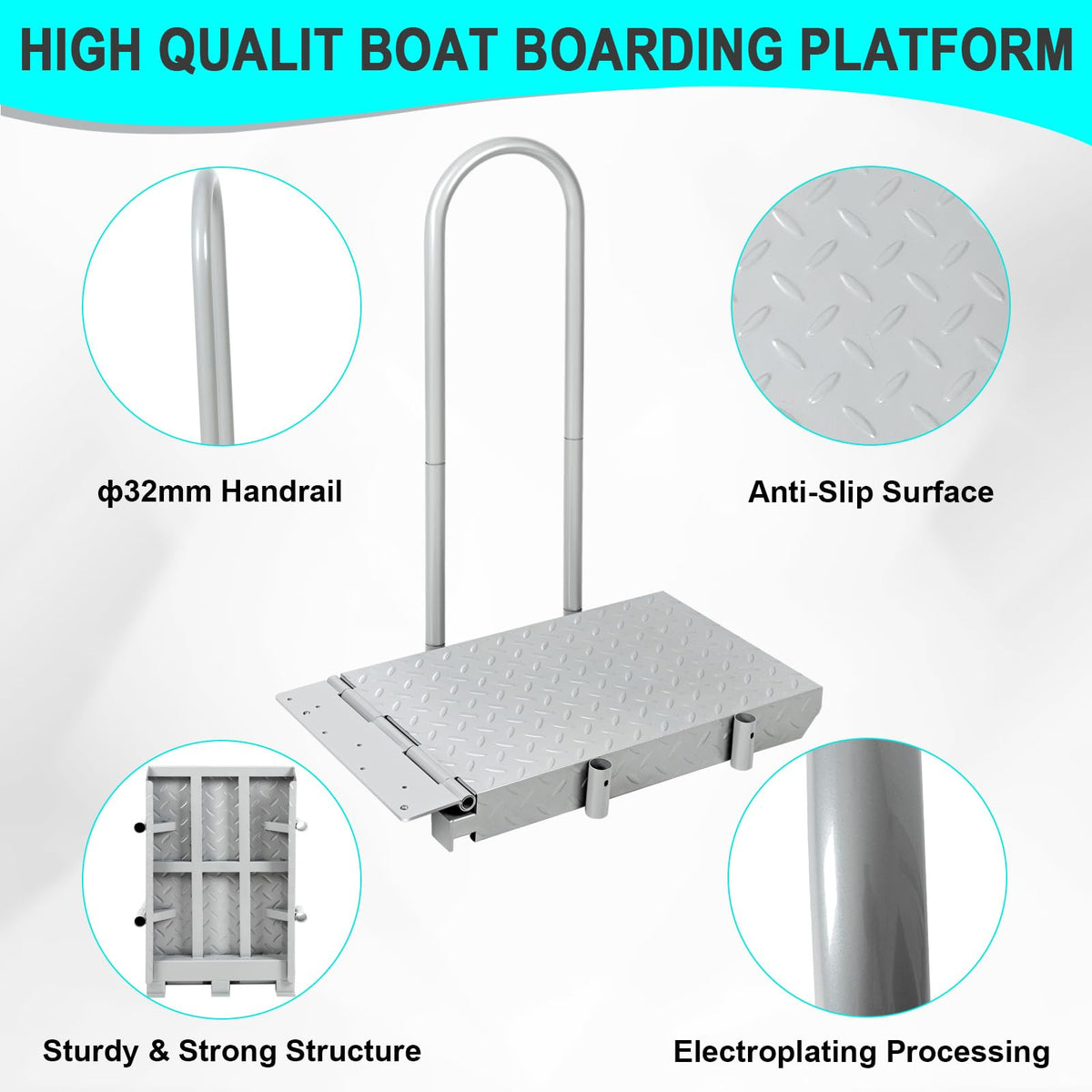 HomiShare Boat Boarding Platform with Handrail, Dock Extension Step with Safety Grab Bar, Folding Dock Boarding Platform for Marina, Dock, Deck, Boat, Silver