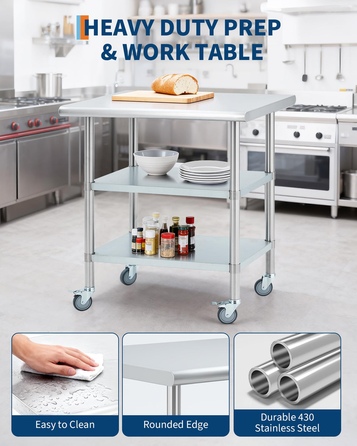 Garvee Stainless Steel Table for Prep & Work, 24x30x34 Inch Commercial Kitchen Worktable with 4 Caster Wheels & 2 Adjustable Under Shelf, Heavy Duty Metal Food Prep Table for Restaurant Garage Outdoor