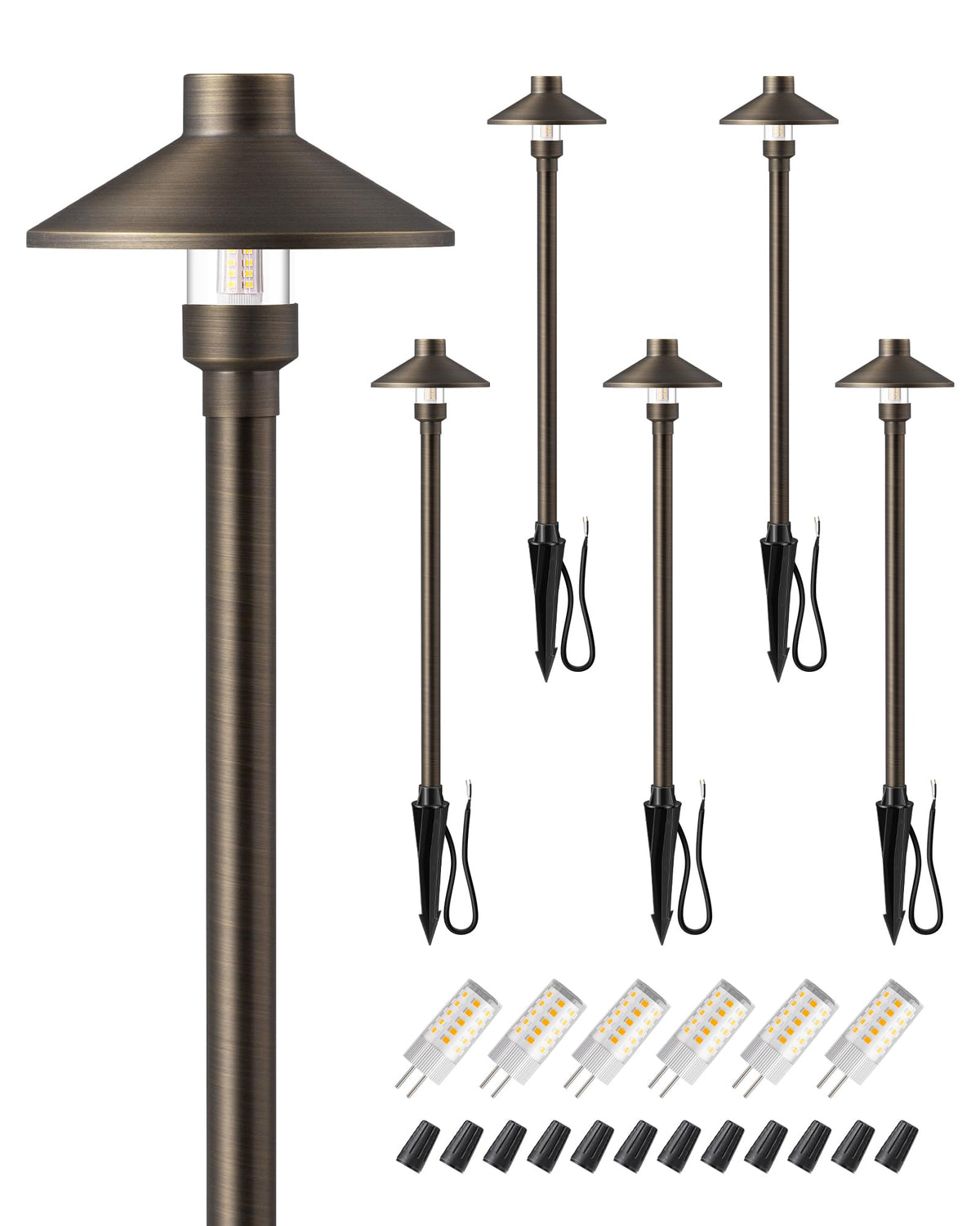 EDISHINE Solid Brass Low Voltage Landscape Lighting, 22" Tall 6" Shade with G4 Bulbs, 12V 350LM 3000K Heavy Duty Outdoor Landscape Path Light, Waterproof Bronze LED Pathway Lights Wired, 6 Pack