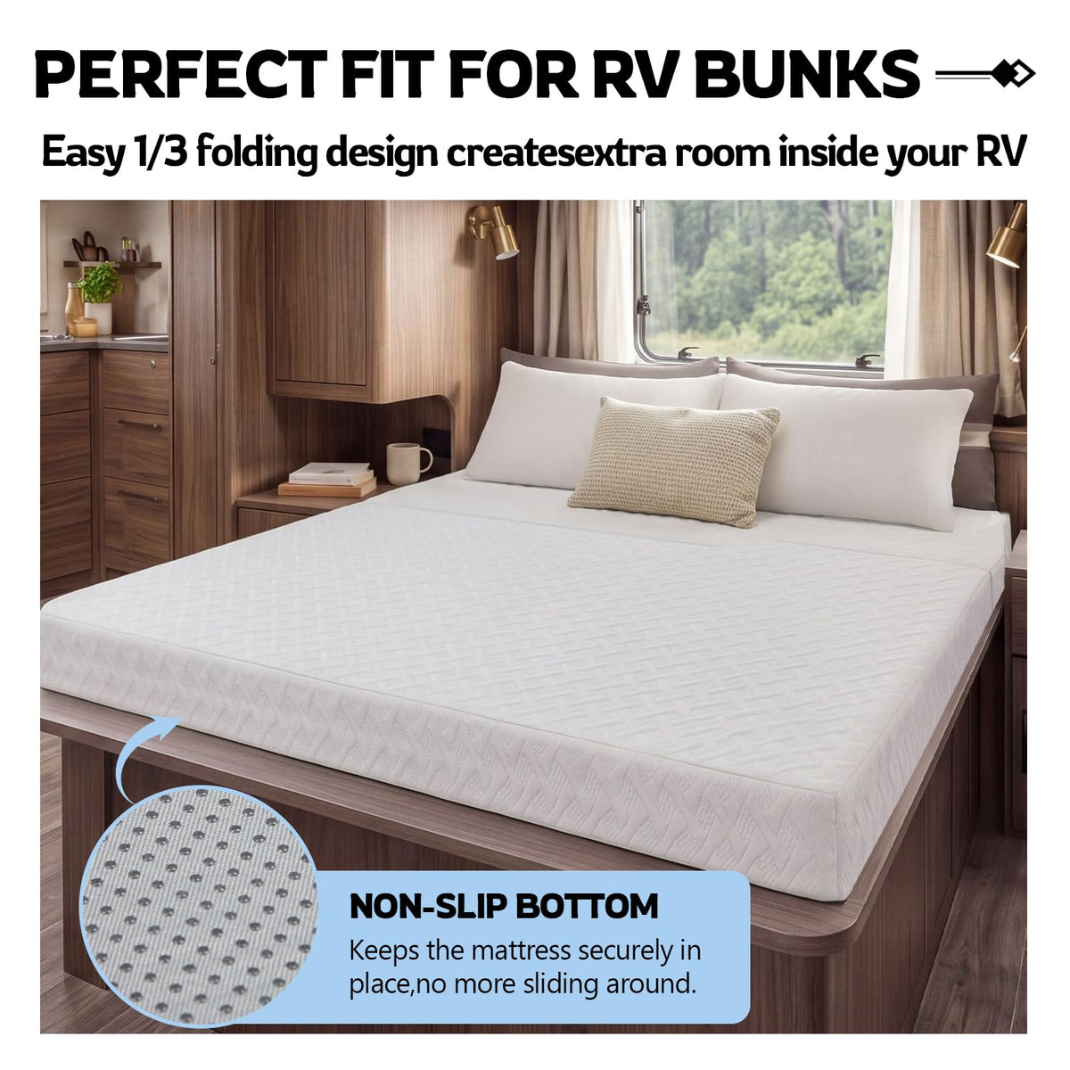 Novabright 1/3 Folding RV Short Queen Mattress, 6 Inch Bifold Memory Foam Mattress with High Resilience Support, Breathable Cover & Zipper Non-Slip Bottom, Certified Safety Foam for RV Camper Trailers
