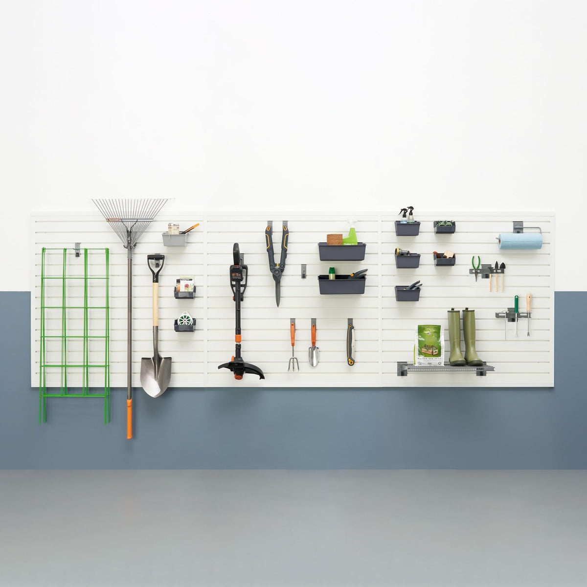 TRINITY 48 Sq Ft Modular Slatwall Panels Kit, Garage Organization and Storage System, Includes 24 Garage Organizer Accessories, 3600 lb Total Capacity, White PVC, Stud Mount Hardware Included