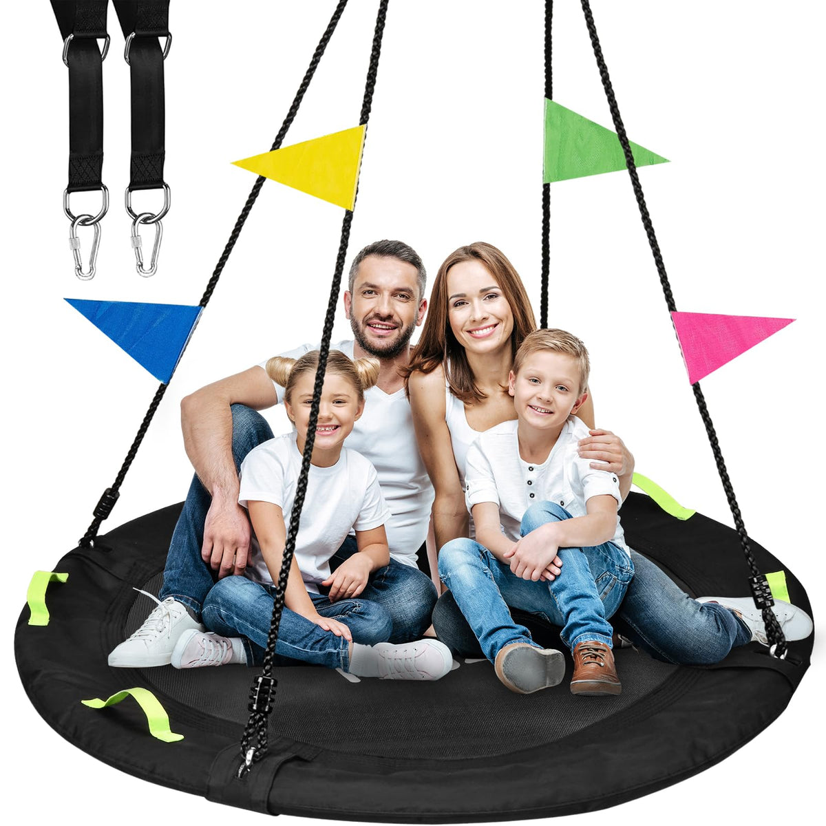 HeyZoo Tree Swing, 60 inch Larger Saucer Swing for Whole Family, 900lbs Weight Capacity, with Adjustable Hanging Straps, for Outdoor Backyard, Gifts for Kids, Black
