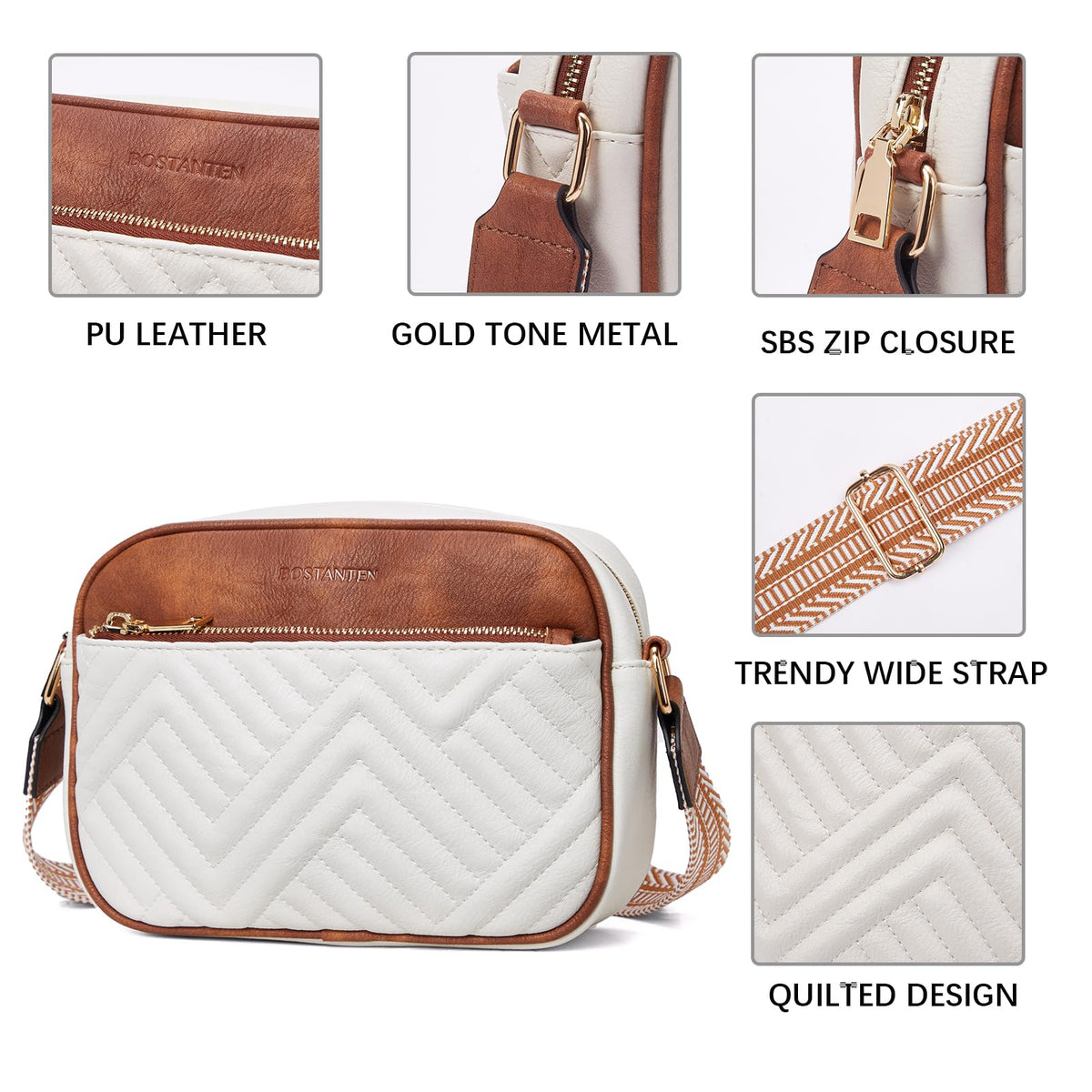 BOSTANTEN Quilted Crossbody Bags for Women Vegan Leather Purses Small Shoulder Handbags with Wide Strap Beige with Brown