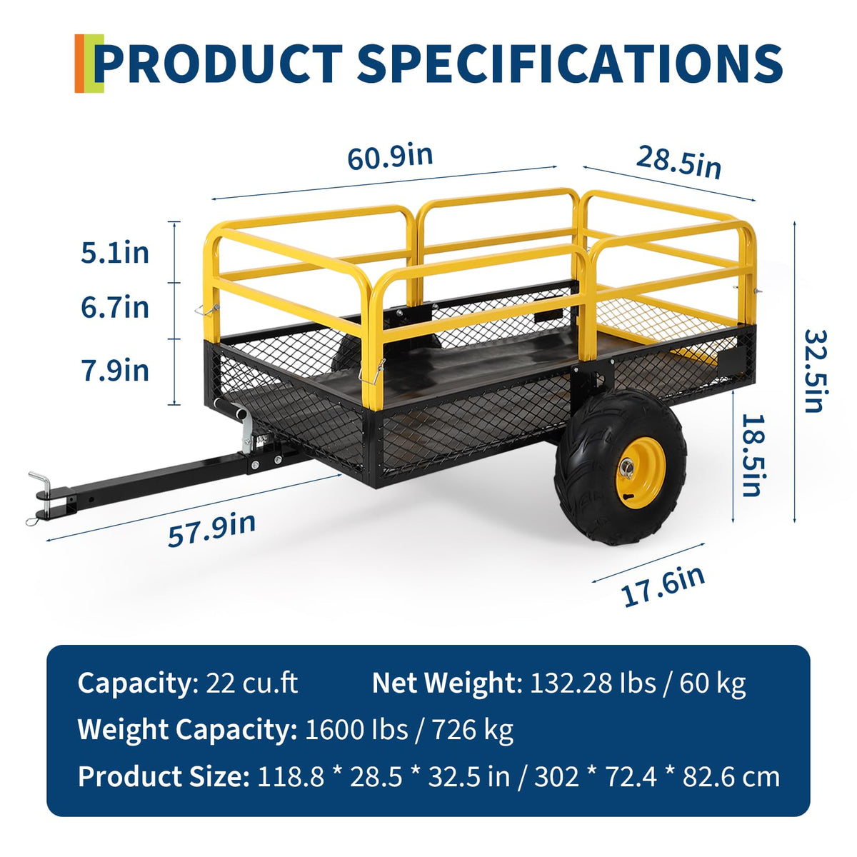 Garvee ATV UTV Trailer Tow Behind Dump Cart, 1600Lbs 22 Cubic Feet, Heavy Duty Yard Garden Trailer Pull Behind Dump Trailer for Lawn Mower Tractor