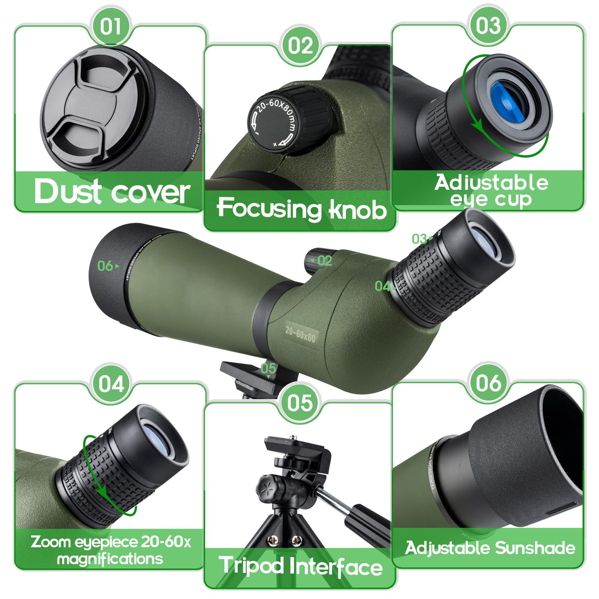20-60x80 Spotting Scope for Target Shooting Spotter Scope with Tripod Phone Adapter BAK4 Monocular Telescope for Hunting Birdwatching Green