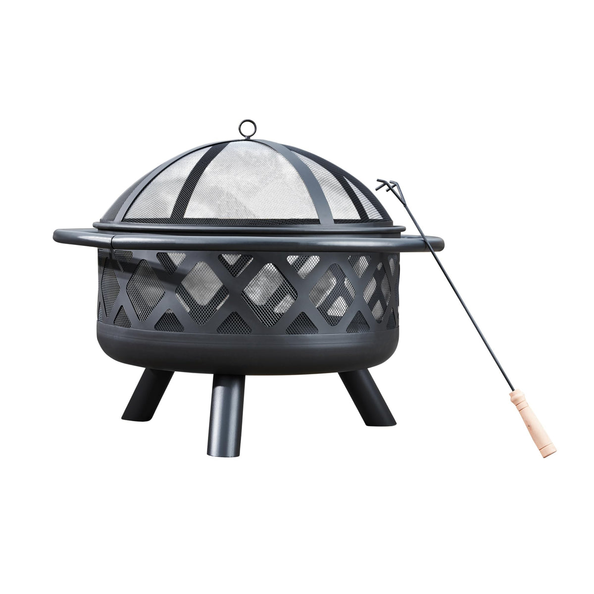 Teamson Home Round Steel Outdoor Fire Pit Outside Wood Burning Firepit Bonfire with Firebowl, Poker, Mesh Screen for Patio Garden Backyard BBQ, 30 Inch, Black